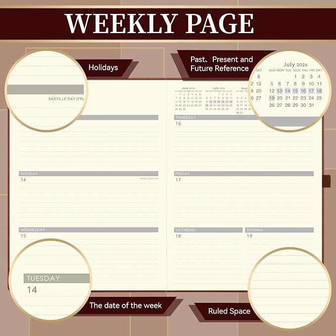 Vondafe 2026-2027 Planner - Weekly and Monthly Planner 2026-2027, Jul. 2026 - Jun. 2027, 9" x 11", 26-27 Calendar Planner with Inner Pocket + Elastic Closure + Pen Loop + Bookmarks, Leather Hardcover - Brown