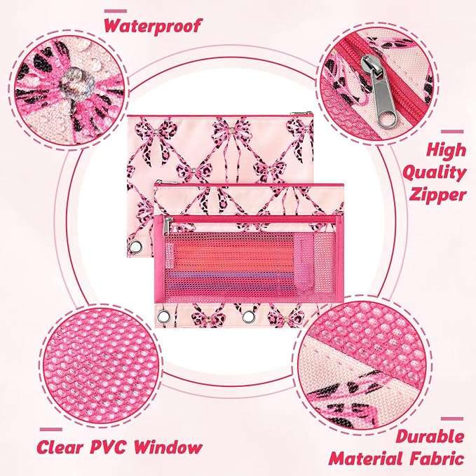 WAWSAM Bow Pencil Pouch for 3 Ring Binder, Zipper Pencil Pouches for Girls | 2 Pocket Clear Window Pencil Case, 3 Ring Pencil Pouch for School Supplies, Pencil Bags for Office College