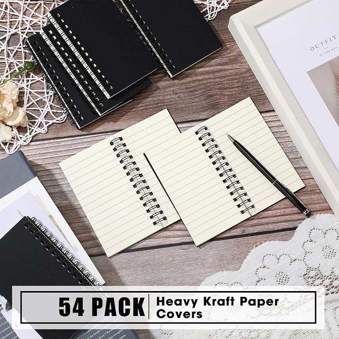 Jutom 54 Pcs Small Spiral Notebooks Memo Pads 3x5 Bulk Small Pocket Notepads Back to School Supplies Mini Notebook with Lined Mini Journals for Office & Work, 120 Pages (Black)