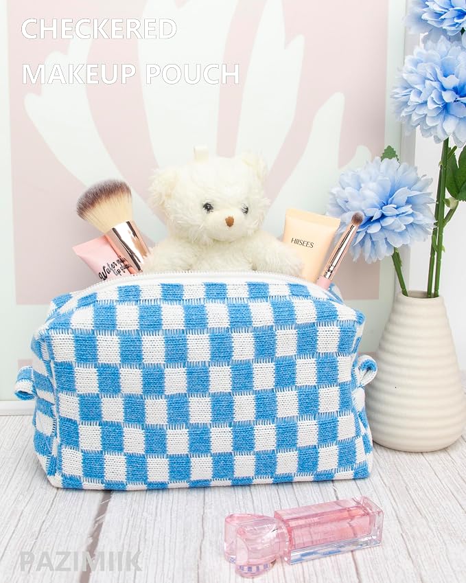 Checkered Makeup Bag for Purse, Small Travel Cosmetic Pouch,Sky Blue | Cute Zipper Makeup Organizer for Women, Travel Essentials, Toiletries, Makeup Brushes, Beauty Accessories&Bridesmaid Gifts