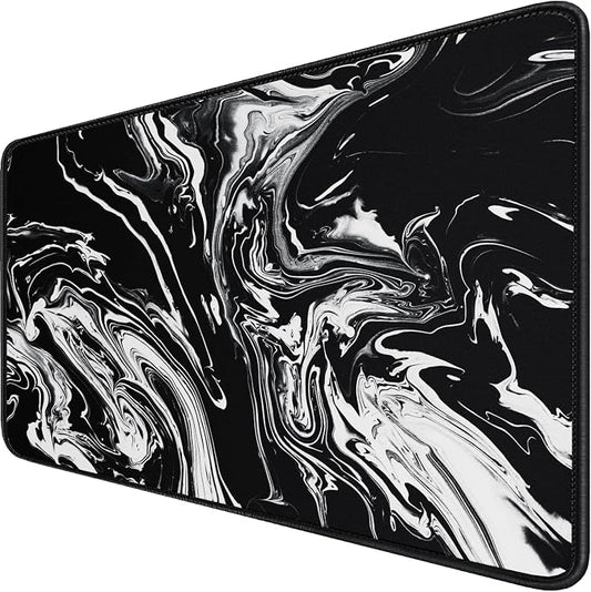 Large Extended Gaming Mouse Pad with Stitched Edges, Durable Non-Slip Natural Rubber Base, Waterproof Computer Keyboard Pad Mat for Esports Pros/Gamer/Desktop/Office/Home - Black White