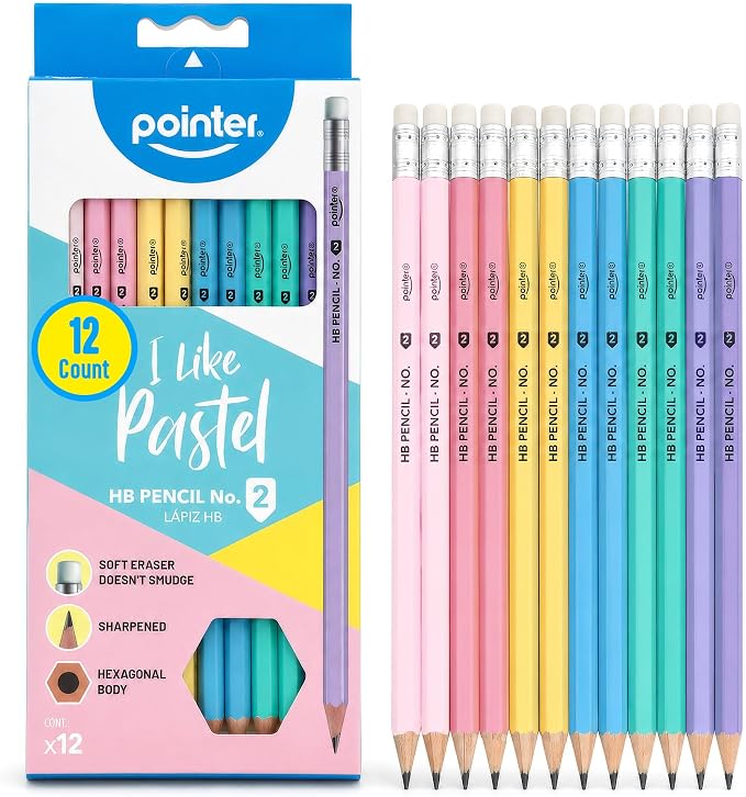 Pointer Pastel HB Pencils with Soft Eraser, Hexagonal Body, Pre-Sharpened, Assorted Colors, 12 Count | #2 HB Writing Core Pre-Sharpened Tips Built-In Erasers Hexagonal Anti-Roll Design Back to School Essential