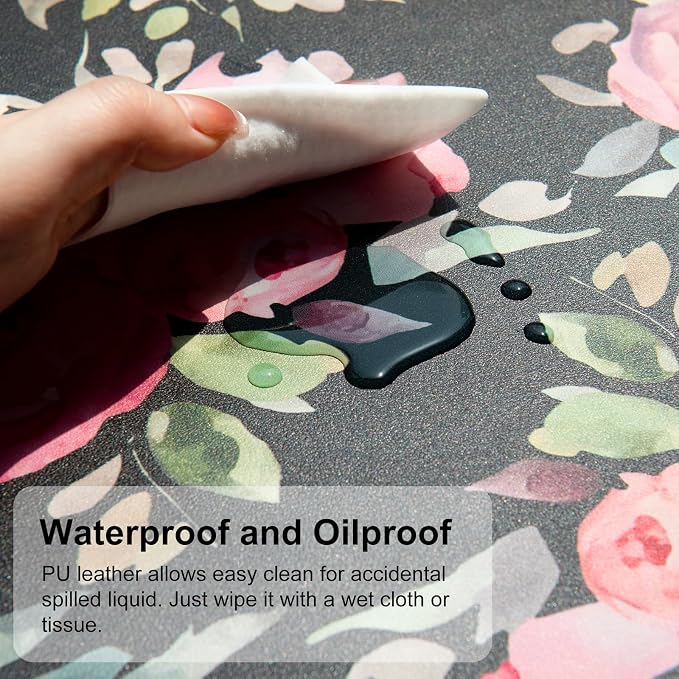QiyI Large Mouse Pad, Floral Desk Mat for Desktop, Women Girls Watercolor Pink Flowers Office Décor Desk Accessories, PU Leather Waterproof Gaming Mousepad, Black Desk Pad Computer Mat, 31.5" x 15.7"