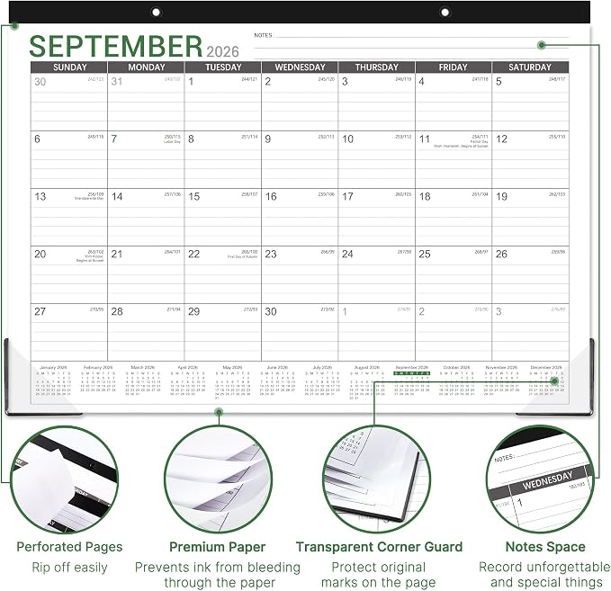 2026-2027 Desk Calendar - Desk Calendar 2026-2027, 17"x12" Desktop Calendar, Jul. 2026 - Dec. 2027, Corner Protectors, Large Ruled Blocks
