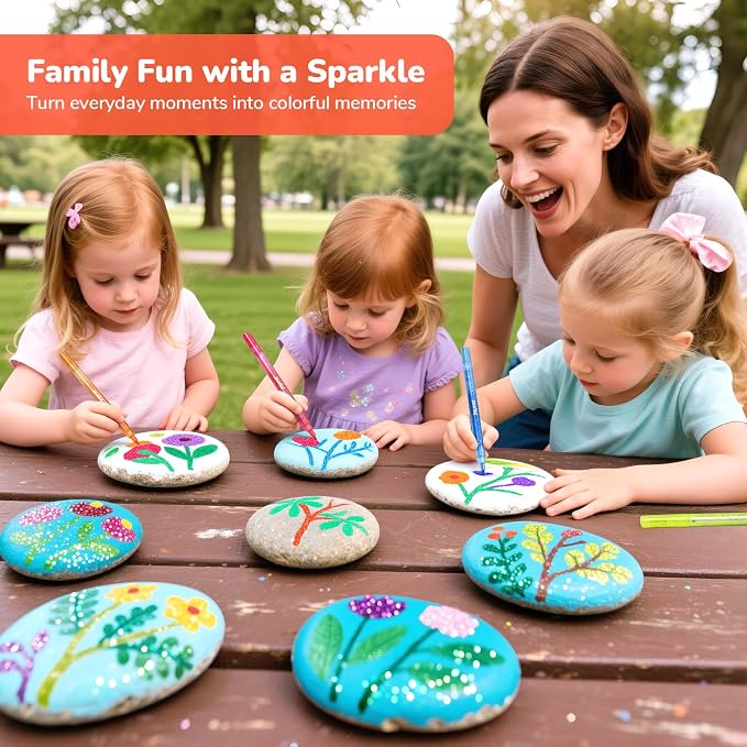 JoyCat 12-Color Glitter Markers for Kids, 3mm Paint Pens, High-Capacity Ink | Sparkle markers and glitter pens with 3ml ink and 3mm tips create shimmering art on paper, rocks, wood and glass for kids.