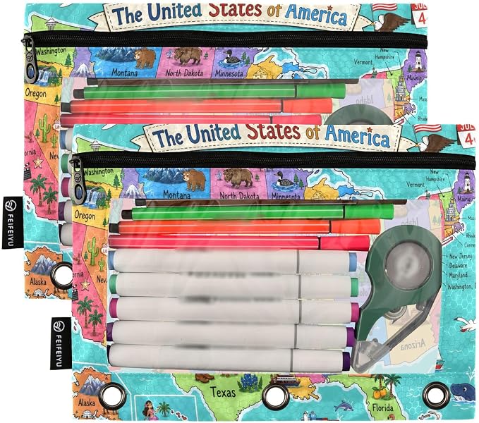 United States Map Pencil Pouch for 3 Ring Binder, 2 Pack Zipper Pencil Pouches with Clear Window Pencil Bag Case Office School Supplies