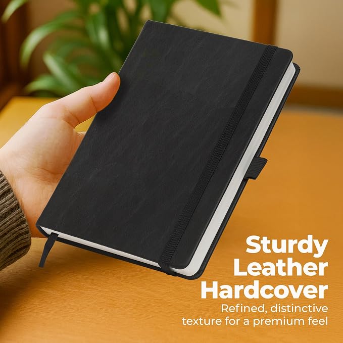 Lined Leather Bound Journal Notebook, A5 Hardcover Thick 300 Pages Black | 5.8x8.3" College Ruled Paper Journals for Men and Women - Personal and Professional Note Book for Writing & Journaling