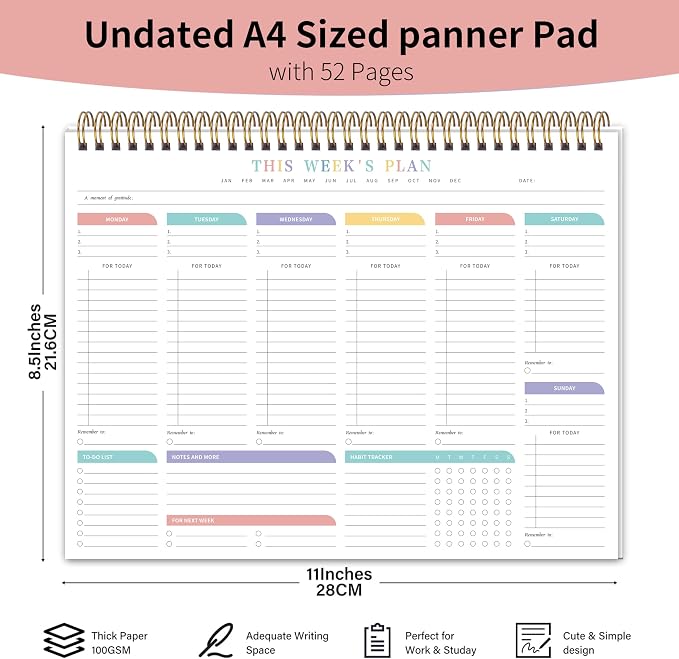 TREES Weekly To Do List Pad with 52 Undated Sheets（8.5"×11"）- Weekly Desk Notepad with Spiral Binding for Women & Man, Office, School and Home Personal Organizer