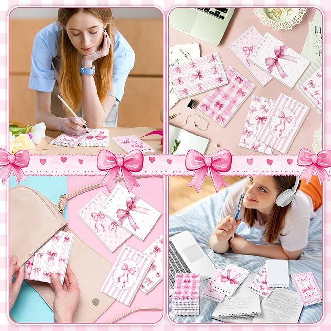 Thenshop 24 Pcs Mini Pink Bow Spiral Notebook 3.9x2.4 Inch Cute Coquette Pink Aesthetic Watercolor Journal Lined Memo Pad Preppy Mini Top Spiral Notebook Office Supplies for Party Gifts Home