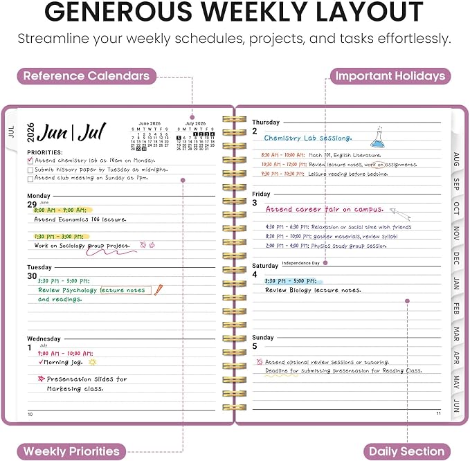 Planner 2026-2027, 6.3" x 8.5" Weekly and Monthly Academic Year Planner Calendar, July 2026 - June 2027, Hardcover Large School Planning Agenda With Tabs, Perfect for School & Office Supplies, A5, Purple