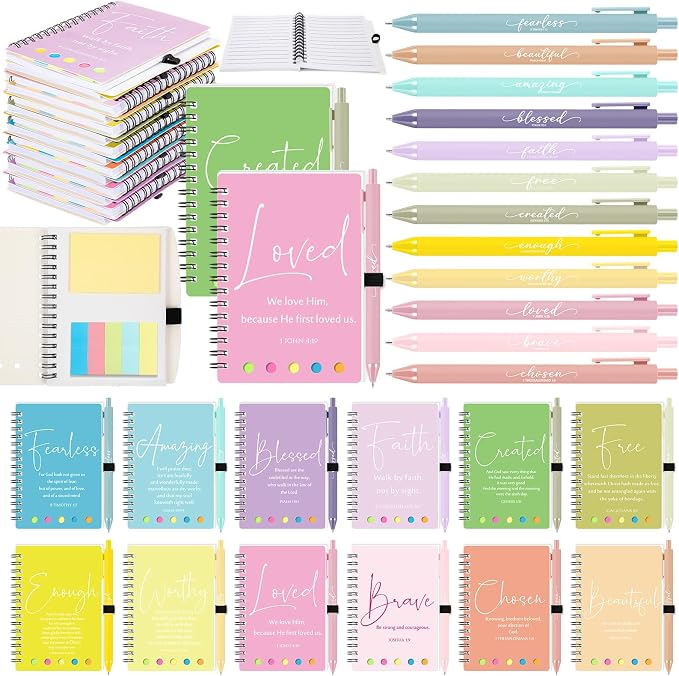 Kosiz 12 Sets/24 Pcs Christian Gifts Bulk Prayer Journal Scripture Notebook, Bible Pen (Simple,Macaron Color)