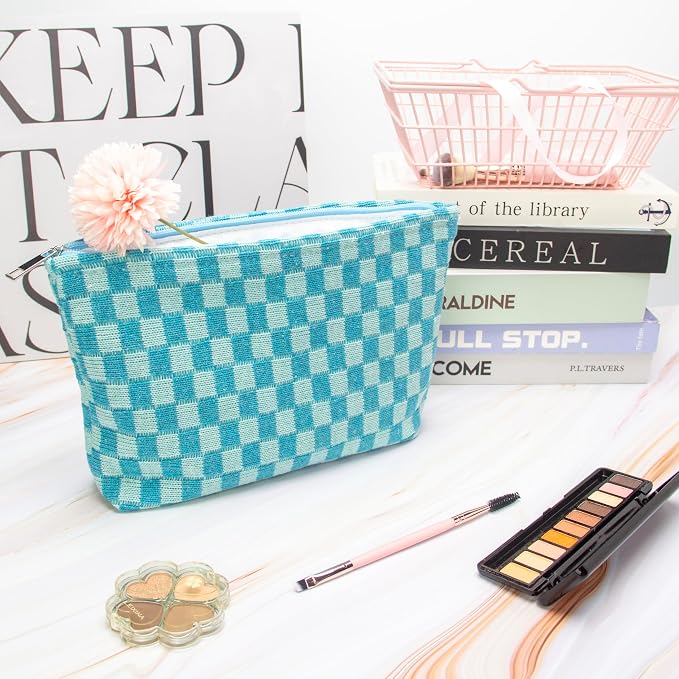 Checkered Makeup Bag for Purse, Small Flat Cosmetic Pouch,Lake Blue | Cute Zipper Makeup Organizer for Women, Travel Essentials, Toiletries, Makeup Brushes, Beauty Accessories&Bridesmaid Gifts