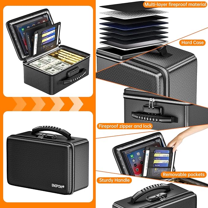 ENGPOW Fireproof Money Box with Lock & Heat-Resistant Fireproof Zipper | 6400°F 12-Layer Fire Protection,Small Hard Case with Multi-Pocket,Portable Home Chest Safe Storage for Money, Jewelry, Black