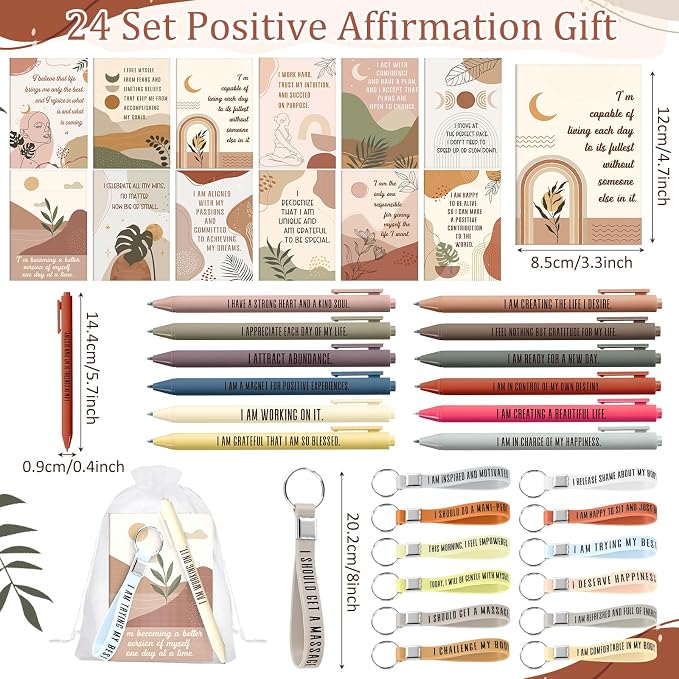 Mooliwe 24 Set Positive Affirmation Gift Set Gratitude Notebooks with Pens Keychains Small Bags Motivational Party Favors for Adult Women Coworkers Employee Group (Elegant)