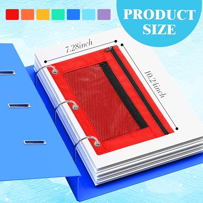Zhehao 100 Pcs Zipper Binder Pencil Pouches:3 Ring Binder Pencil Pouches with Zipper Window Bulk Clear Pen Bags Case for Office School Classroom Supplies(Double Layer with Mesh Layer,7 Colors)