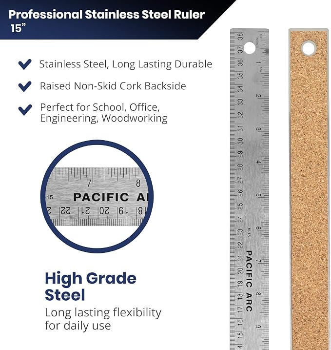 2 Pack Pacific Arc Stainless Steel 15 Inch Metal Ruler Non-Slip Cork Back, with Inch and Metric Graduations