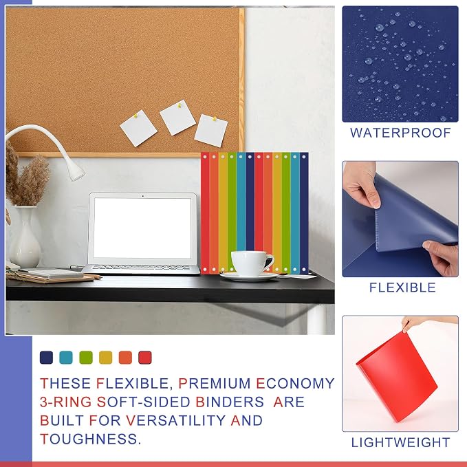 Fulmoon 6 Pack Plastic 3 Ring Binder Assorted Colors Economy Flexible Round Ring Presentation Binders with Pocket for Office School Meeting(1 Inch,Rainbow Colors)