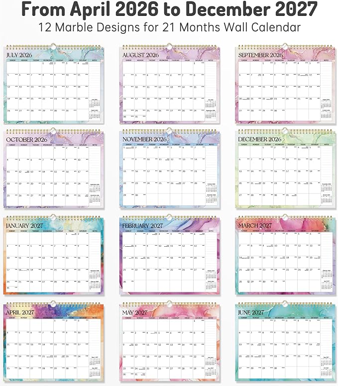Forvencer 2026 Calendar, 21-Month Wall Calendar 2026, Apr 2026 - Dec 2027, 11" x 8.5" Monthly Planner Calendars with Note Pages & Stickers, Unruled Blocks, Spiral Binding Hanging for Home Office