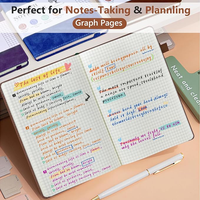 PERCUN A5 Graph Paper Notebook, Leather Journal, 160 Pages Grid Notebook | 5.9"x8.5" hardcover journal with quad ruled paper for work, school, writing, notes, journaling and daily planning.