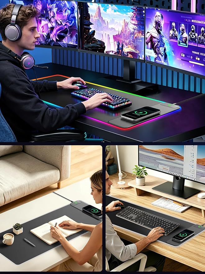 Wireless Charging Mouse Pad Gaming, 31.5"x11.8" Large Desk Mat, Waterproof | RGB Mousepad, Smooth Glide, Stitched Edge, Non-Slip Rubber Base, Desk Pad Computer Keyboard Mat, No Adapter