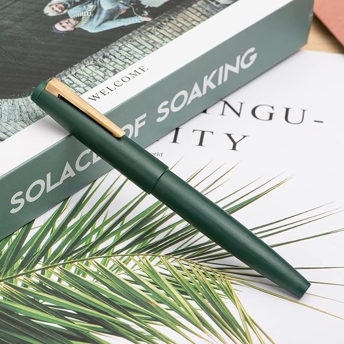 Jinhao 80 Dark Green Fiber Brushed Fountain Pen, Iridium Ultra Fine Gold Nib with Ink Converter, Classic Design Smooth Writing Pen (Gold Clip)