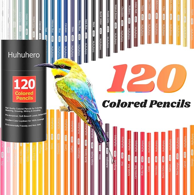 Huhuhero 120 Colored Pencils, Art Color Pencils for Adult Coloring Book | Vibrant Oil-Based 120 Colors, Soft Cored Smooth Laydown, Break-Resistant, Coloring Kits for Coloring Books, Sketching