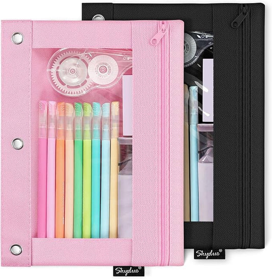 SKYDUE Pencil Pouch for 3 Ring Binder, 3 Ring Zipper Pencil Case with Clear Window, Large Binder Pencil Pouch with Grommets, Three Hole Pencil Holder for School(2 Pack)