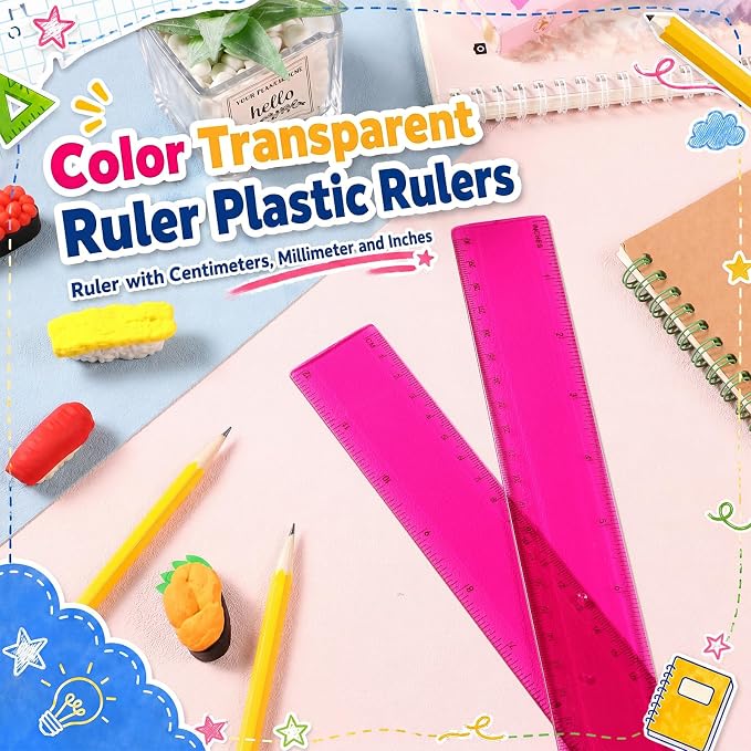 EBOOT 2 Pack Plastic Ruler Straight Ruler Plastic Measuring Tool for Student School Office(Rose Red,12 Inch)