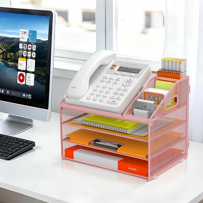 DocNest 4 Tier Metal Mesh Desk File Organizer with Phone Shelf, Pink | Desktop letter tray sorter features a 9.1x9.1 inch top phone holder, built-in sticky note compartment and pen holder