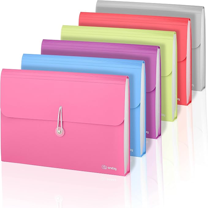 Accordion File Organizer, 7 Pocket Expanding File and Cover Folder with Labels, Plastic Portable Desktop Letter A4 Paper, in Red, Green, Pink, Blue, Purple, Multicolor, (6 Pc) – By Enday