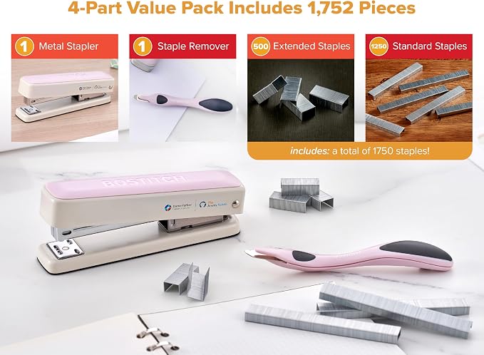 Bostitch Titan Heavy Duty Metal Stapler, 50 Sheet Capacity with 1250 Staples and Ergonomic Staple Remover, Jam Free Stapling, Full Strip Stapler for Desk, Office and Classroom, Pink & White