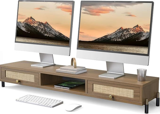 Fenge Dual Monitor Stand, Wooden Riser With Rattan Woven Flip Drawers | 2-Tier Monitor Riser, 42.5in Long Desk Shelf for 2 Monitors, Vintage Computer Stand for Laptop, Printer, TV, Brown