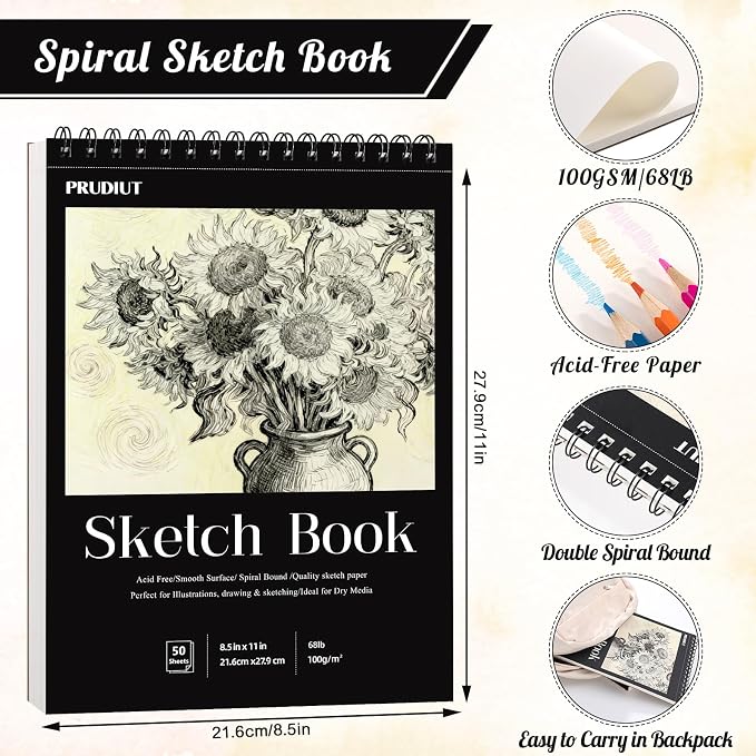 Prudiut Sketch Book Sketch Pad 8.5x11, Sketchbooks for Drawing 50 Sheets Acid Free Paper Spiral Binding Perforated Hardcover for Beginners Artists Ideal Gift Media Pencil Charcoal