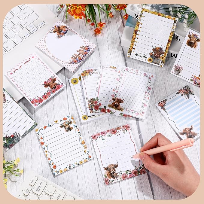 Chiisong 12 Pieces Highland Cow Sticky Notes 3x4 Inch Animal to Do List Just Loves Butterfly Sunflower Memo Notes Highland Cow Gifts Home Kawaii Cute Office Supplies