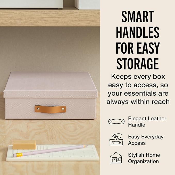 Bigso Oskar Fiberboard Document Storage Box with Lid for A4 and Letter Size Papers - Stylish, Sturdy, and Stackable Keepsake Box with Leather Handle - W10.2in x D13.8in x H3.3in - Pink Rose