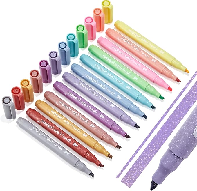 Silver Glitter Highlighters, 12 Metallic Colors, No Bleed Chisel Tip | Quick Dry for Bible Journaling, Planners, Scrapbooks & DIY Crafts