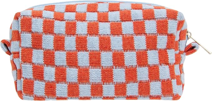 Checkered Makeup Bag for Purse, Small Travel Cosmetic Pouch,Orange Blue | Cute Zipper Makeup Organizer for Women, Travel Essentials, Toiletries, Makeup Brushes, Beauty Accessories&Bridesmaid Gifts