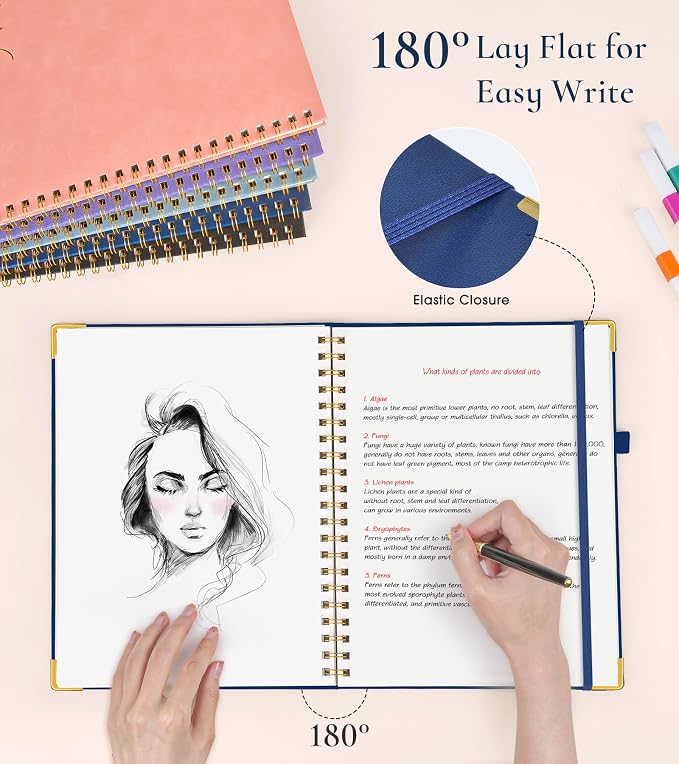 Blank Spiral Notebook Journal 8.5” x 11”, A4 Large Hardcover Sketch Book for Women Men, 100 GSM Blank Paper Drawing Notebook, Spiral Bound Sketchbook for Sketching School Work Note Taking, Navy