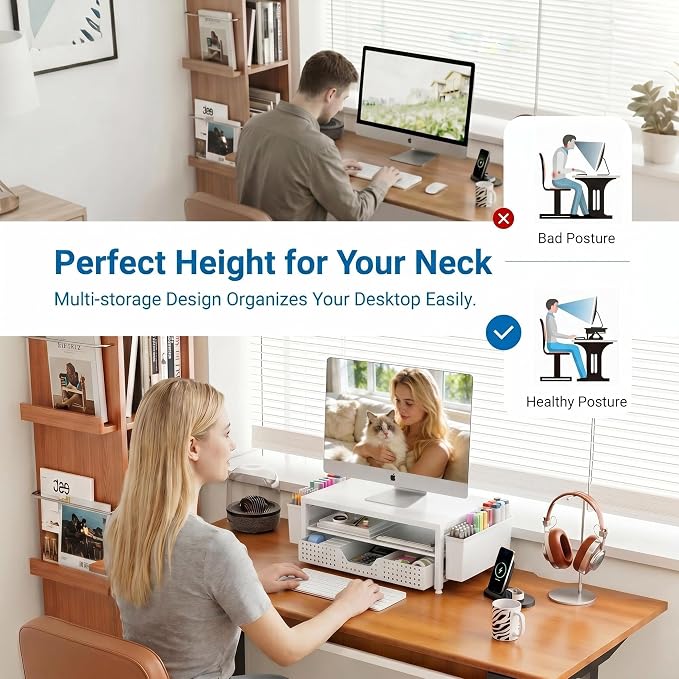 OPNICE Desk Organizers and Accessories, 2-Tier Computer Monitor Stand Riser with Drawer and 2 Pen Holders, Laptop Stand, Office Desk Accessories for Office Supplies, White