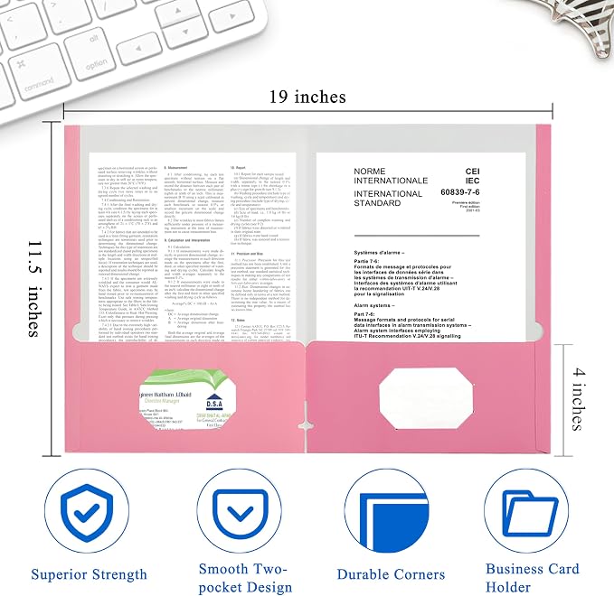 Zzrywuty File folders with Pockets,Pink Two folders for documents,50 Pack Paper Folders with Card Slot,Letter Size,School Students,Business,Home and Office Workers