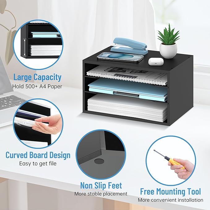 3-Tier Paper Organizer for Desk, Adjustable Mail Organizer, Black | 3-Tier Paper Organizer and Mail Organizer for Desk with Adjustable Shelves for Letter Size Files Folders and Office Supplies