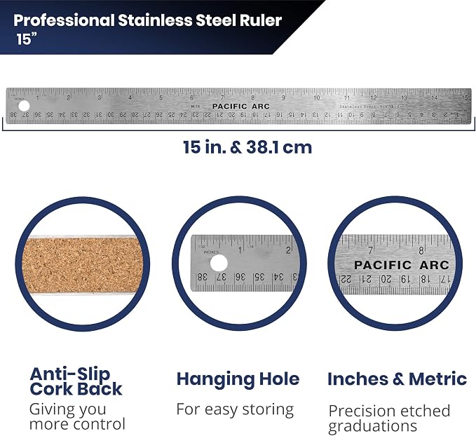 2 Pack Pacific Arc Stainless Steel 15 Inch Metal Ruler Non-Slip Cork Back, with Inch and Metric Graduations