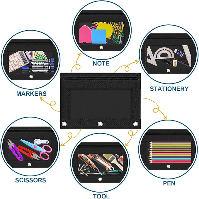 24 Pack Pencil Pouch for 3 Ring Binder Pencil Case with Clear Window Zipper | 3-Holes Zipper Pencil Pouches in Assorted Colors, Sturdy and Durable Zipper Pencil Pouch for Office College School Supplies