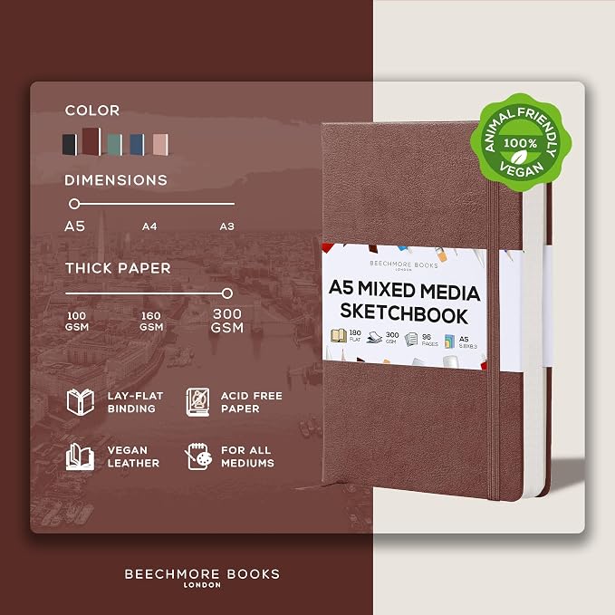 Beechmore Books 300 GSM Heavyweight Mixed Media Sketchbook A5 5.8"x8.3" - 96 Pages, Vegan Leather Hardcover Professional Art Journal for Paintings, Gouache and Ink