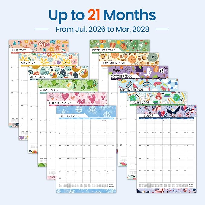 SUNEE 2026-2027 Wall Calendar Large 22.75"x15.5", 21 Month July Calendar (Ends March 2028), Vertical Extra Large, Seasons Color
