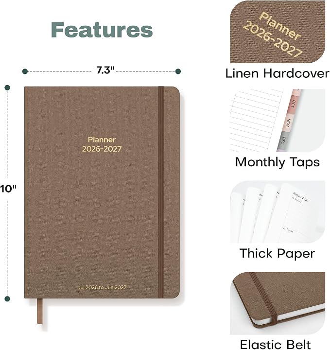 Planner 2026-2027 Monthly and Weekly Academic Planner July 2026 - June 2027, Linen Hardcover Agenda 2026-2027 Calendar Daily Planner for Student Teacher with Monthly Tabs, 7.3" x 10", Vintage Brown