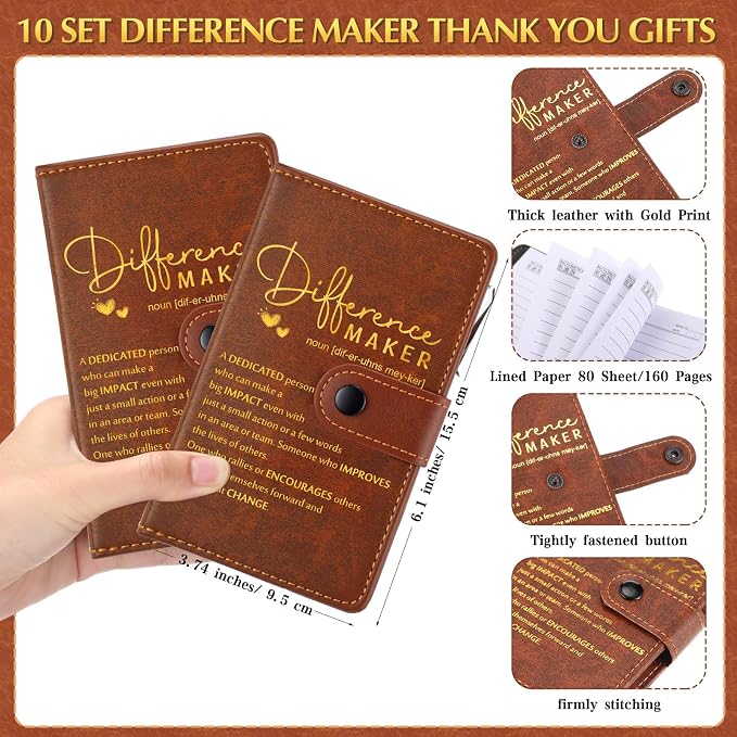 Marspark 10 Sets Difference Maker Appreciation Gifts for Men Inspirational A5 Leather Notebooks with Pens Employee Thank You Gifts for Men Women Coworker Nurse Teacher Back to School (Brown)