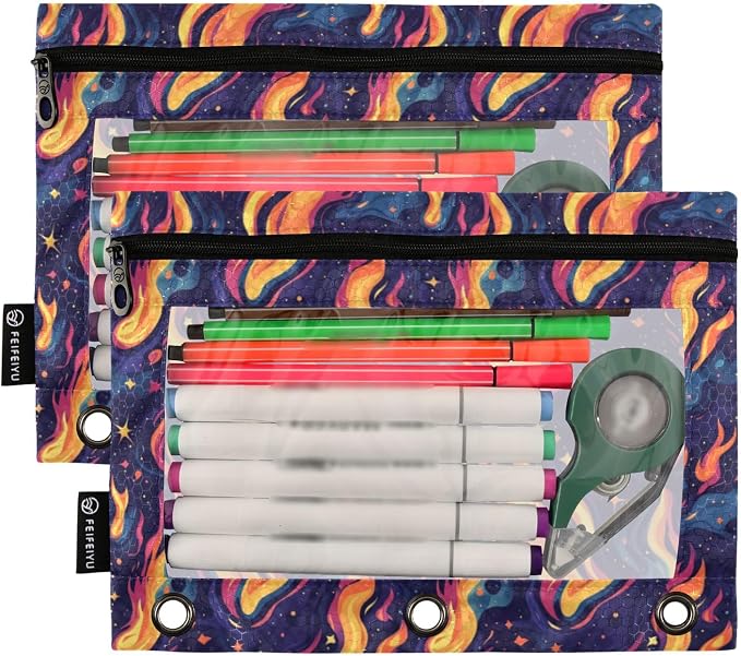 Binder Pencil Pouches Y2k Style with Fires Pen Case | Clear Window 3 Rings, Cosmetic Bags School Office Supplies Cosmetic Makeup Bag 2 Psc