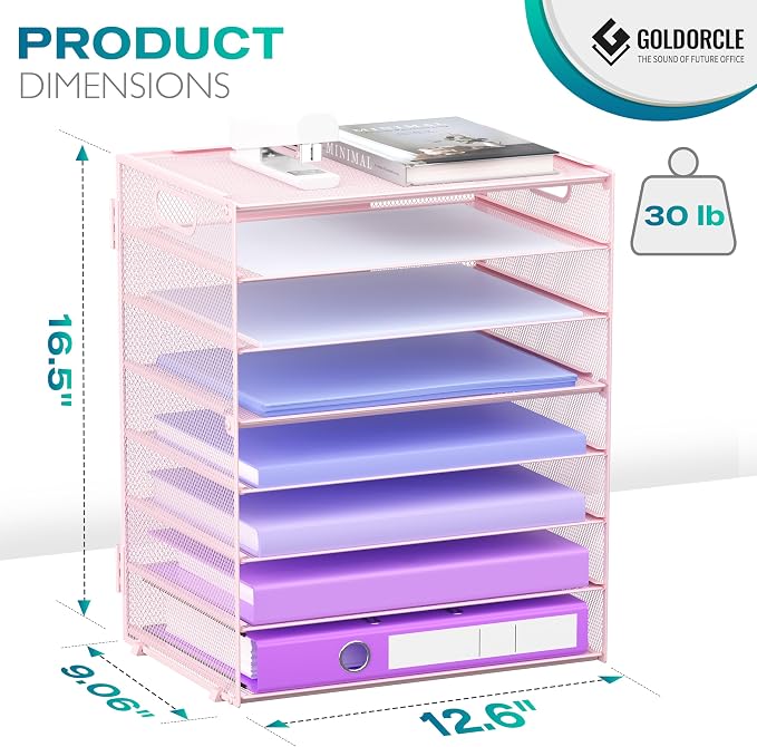 8 Tier Paper Letter Tray Organizer with Handles for Desk (Pink) | Mesh Desk File Holder Storage Organization for Home School Classroom & Office