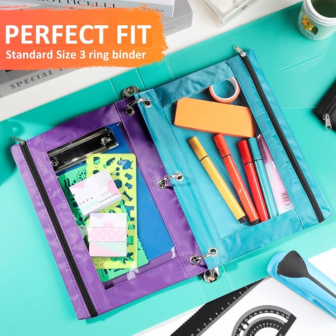 Marspark 48 PCS Pouch Bag for 3 Ring Binder - Bulk Zipper Pencil Binder Pouches with Clear Window for Utensils Storage Supplies(Bright Color)